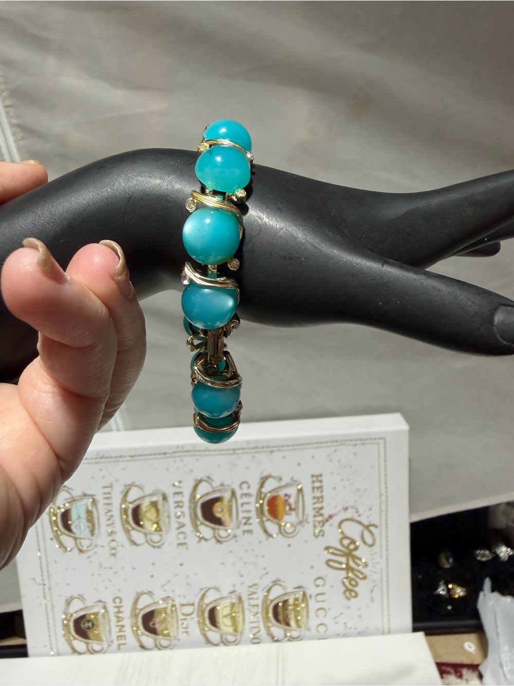 Retro Gold Tone Blue Cabochon and Rhinestone Bracelet
